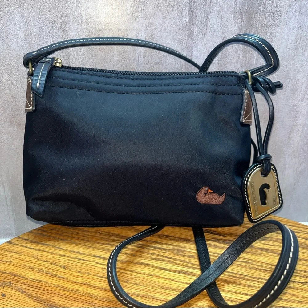 DOONEY & BOURKE Black Nylon Leather Trim Crossbody Purse Gold Charm Duck Logo